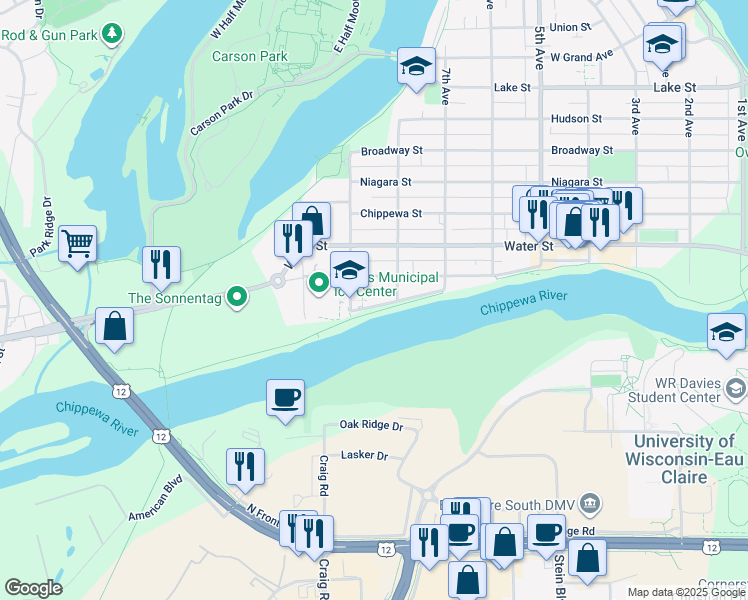 map of restaurants, bars, coffee shops, grocery stores, and more near 812 Market Street in Eau Claire