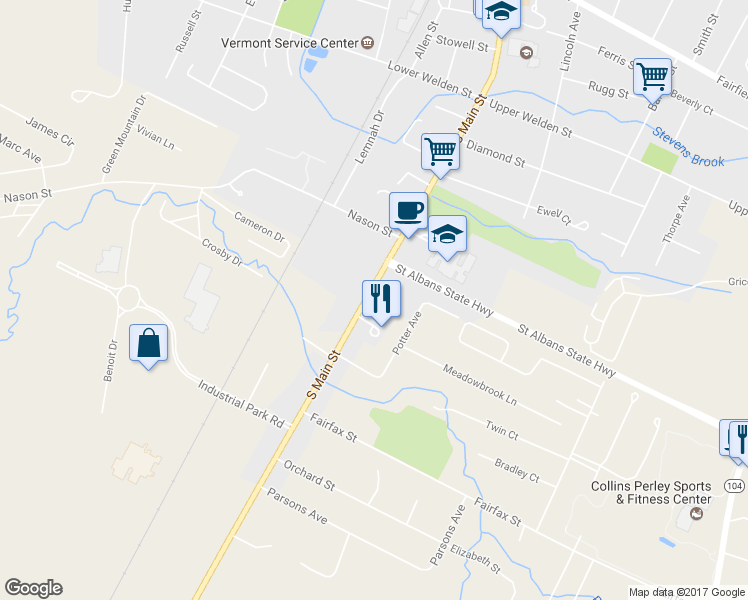 map of restaurants, bars, coffee shops, grocery stores, and more near 203 South Main Street in Saint Albans City