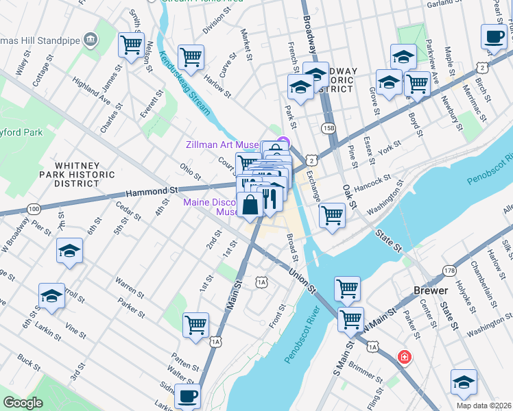 map of restaurants, bars, coffee shops, grocery stores, and more near 65 Main Street in Bangor