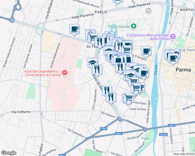 map of restaurants, bars, coffee shops, grocery stores, and more near 4 Strada Quartiere in Parma