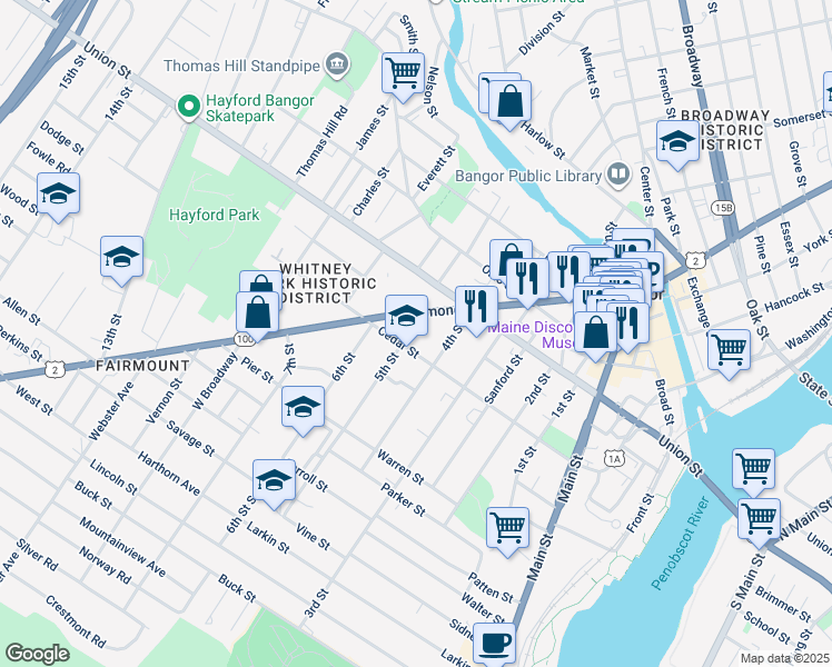 map of restaurants, bars, coffee shops, grocery stores, and more near 16 5th Street in Bangor
