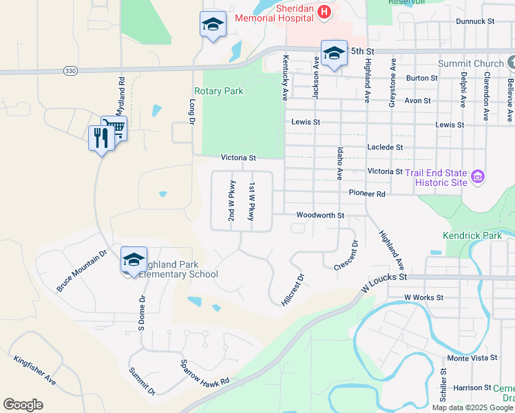 map of restaurants, bars, coffee shops, grocery stores, and more near 323 1st W Pkwy in Sheridan
