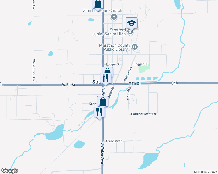 map of restaurants, bars, coffee shops, grocery stores, and more near 123 East Fir Street in Stratford