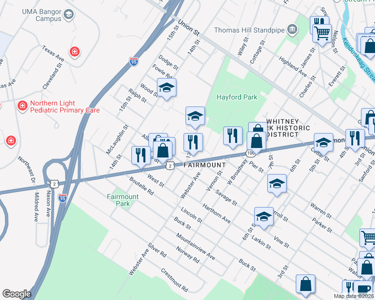 map of restaurants, bars, coffee shops, grocery stores, and more near 569 Hammond Street in Bangor
