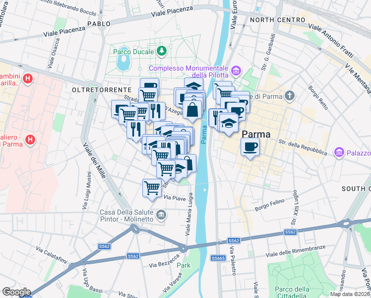 map of restaurants, bars, coffee shops, grocery stores, and more near 37 Strada Nino Bixio in Parma