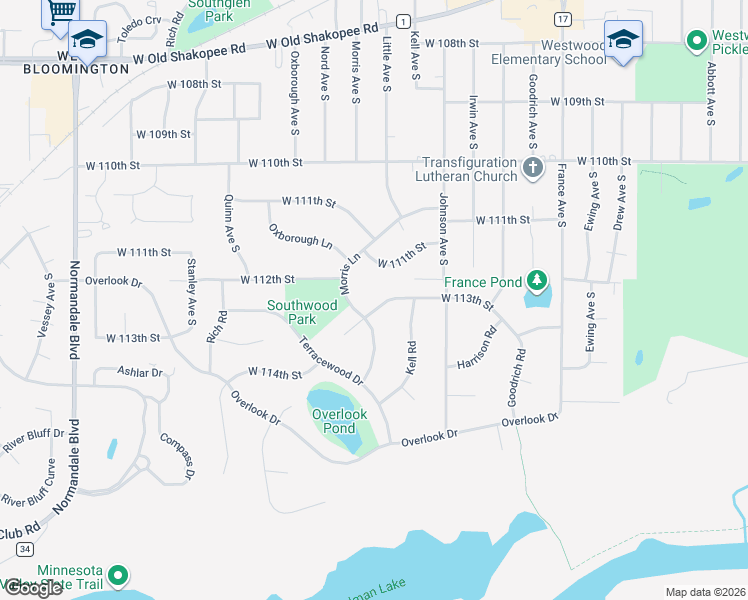 map of restaurants, bars, coffee shops, grocery stores, and more near 4508 West 113th Street in Bloomington