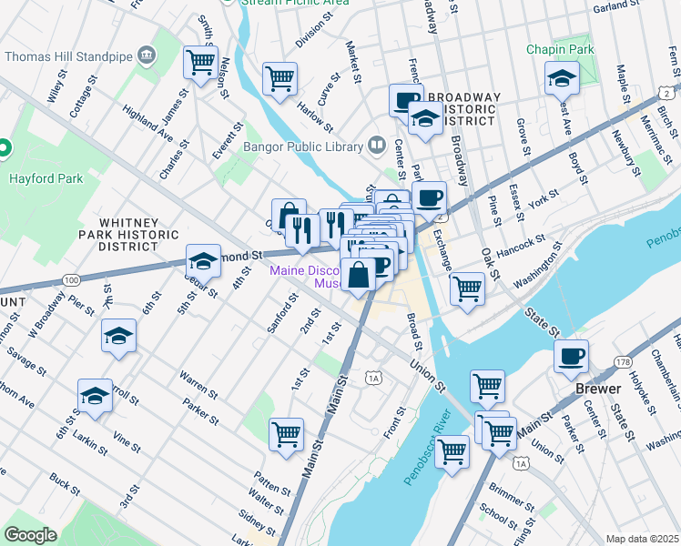 map of restaurants, bars, coffee shops, grocery stores, and more near in Bangor