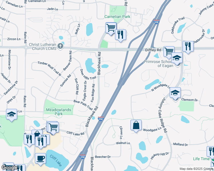 map of restaurants, bars, coffee shops, grocery stores, and more near 1805 Trailway Drive in Eagan