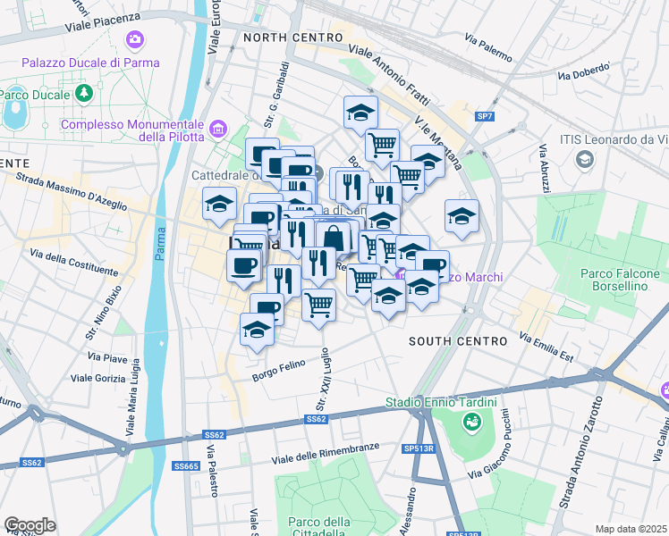 map of restaurants, bars, coffee shops, grocery stores, and more near 31 Strada della Repubblica in Parma