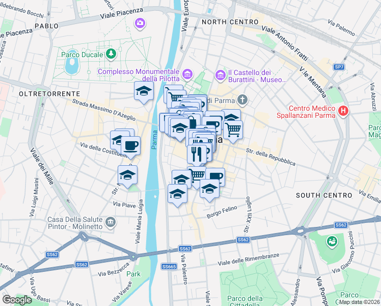 map of restaurants, bars, coffee shops, grocery stores, and more near Strada Giordano Cavestro in Parma