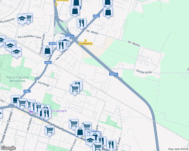 map of restaurants, bars, coffee shops, grocery stores, and more near 14-22 Via Londra in Parma