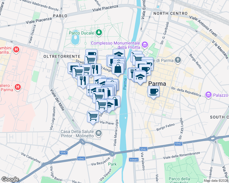 map of restaurants, bars, coffee shops, grocery stores, and more near 37 Strada Nino Bixio in Parma
