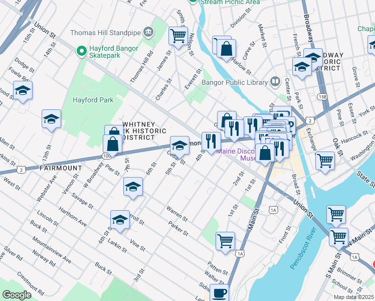 map of restaurants, bars, coffee shops, grocery stores, and more near 16 5th Street in Bangor