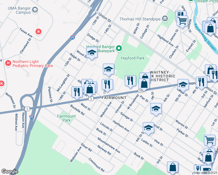 map of restaurants, bars, coffee shops, grocery stores, and more near 569 Hammond Street in Bangor