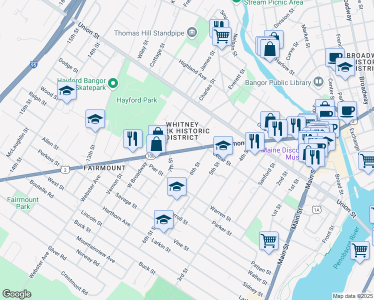 map of restaurants, bars, coffee shops, grocery stores, and more near U.S. Route 2 in Bangor