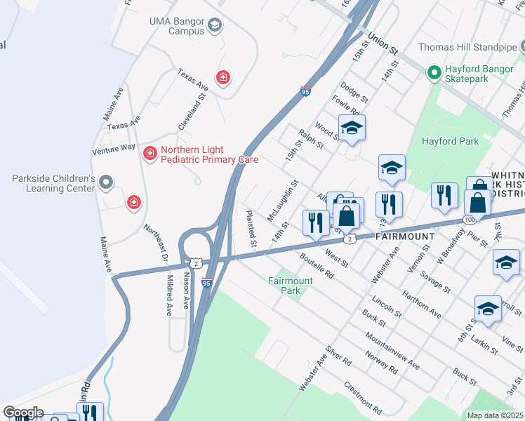 map of restaurants, bars, coffee shops, grocery stores, and more near 33 Hersey Avenue in Bangor
