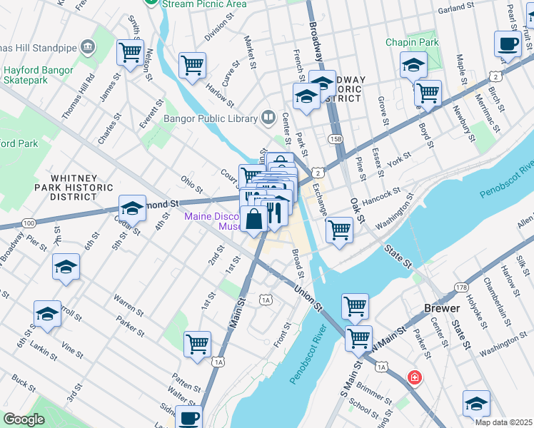 map of restaurants, bars, coffee shops, grocery stores, and more near 10 Water Street in Bangor