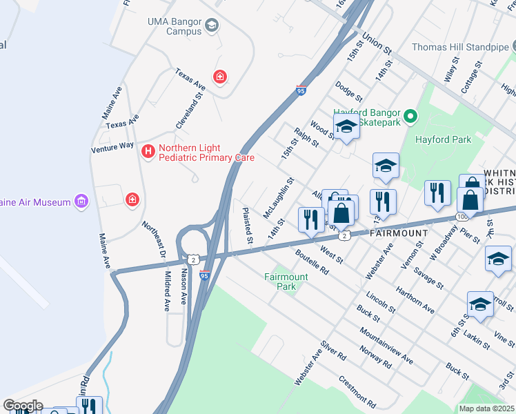 map of restaurants, bars, coffee shops, grocery stores, and more near 33 Hersey Avenue in Bangor