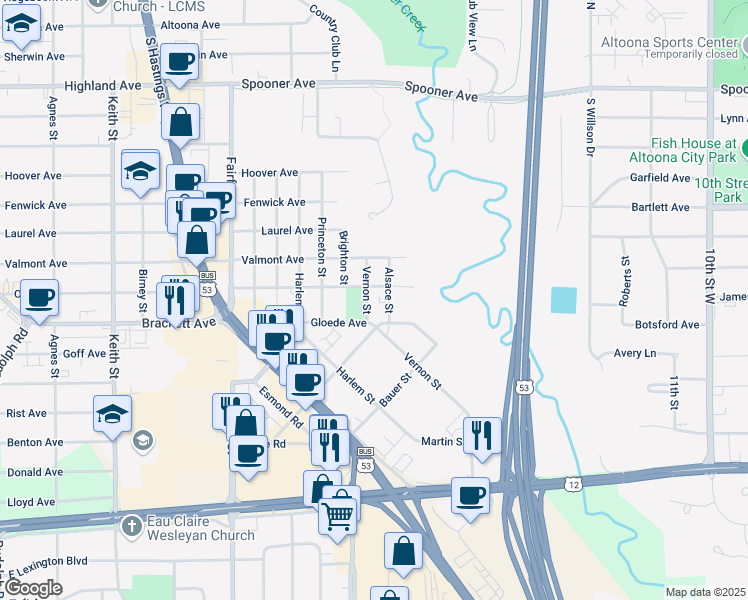 map of restaurants, bars, coffee shops, grocery stores, and more near 919 Vernon Street in Altoona