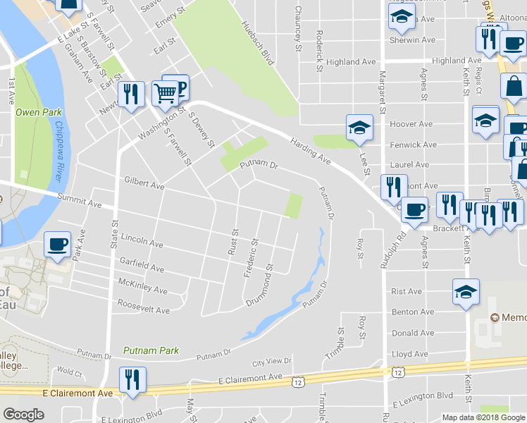 map of restaurants, bars, coffee shops, grocery stores, and more near 716 Gilbert Avenue in Eau Claire