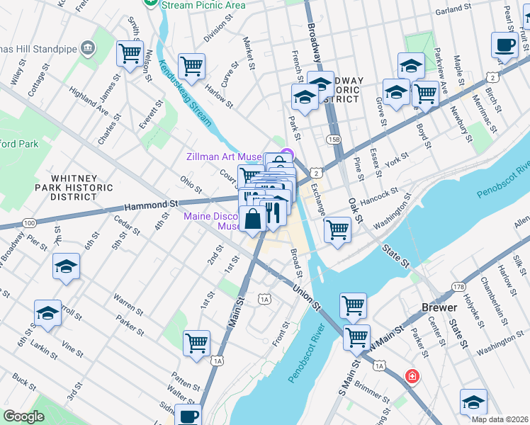 map of restaurants, bars, coffee shops, grocery stores, and more near 10 Water Street in Bangor