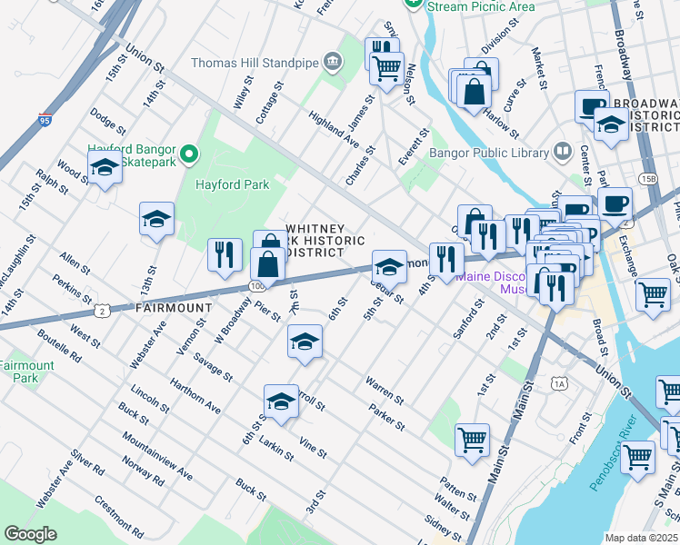 map of restaurants, bars, coffee shops, grocery stores, and more near 388 Hammond Street in Bangor