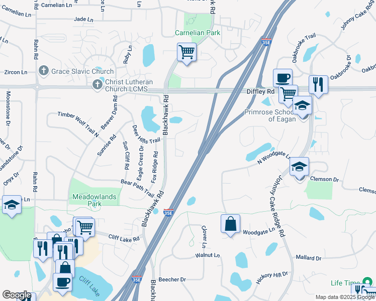 map of restaurants, bars, coffee shops, grocery stores, and more near 1805 Trailway Drive in Eagan