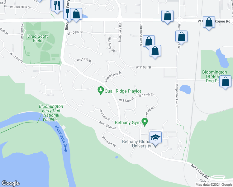 map of restaurants, bars, coffee shops, grocery stores, and more near 7152 West 113th Street in Minneapolis