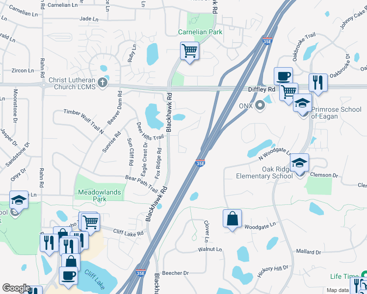 map of restaurants, bars, coffee shops, grocery stores, and more near 1811 Trailway Drive in Eagan