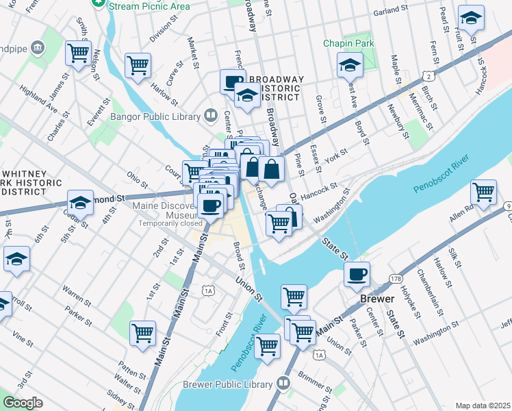 map of restaurants, bars, coffee shops, grocery stores, and more near 80 Exchange Street in Bangor
