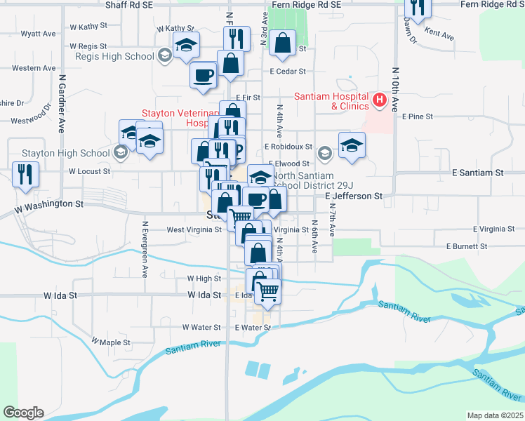 map of restaurants, bars, coffee shops, grocery stores, and more near 382 East Washington Street in Stayton