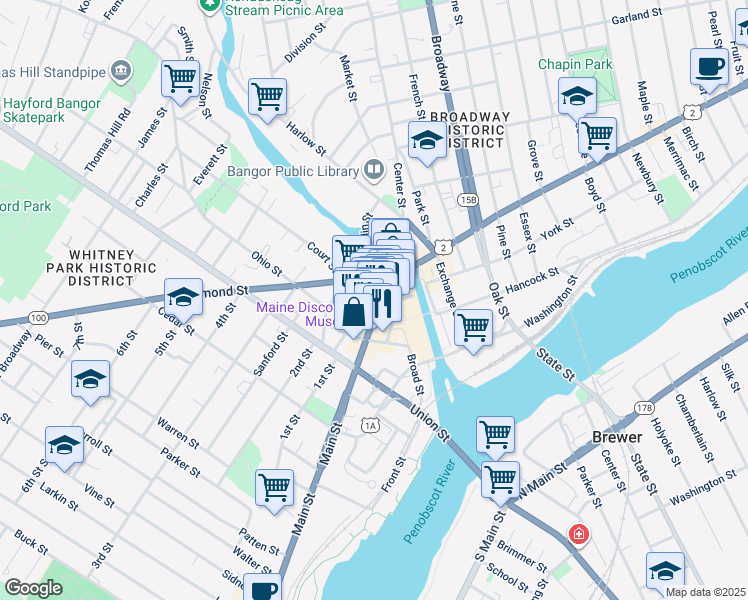 map of restaurants, bars, coffee shops, grocery stores, and more near 10 Water Street in Bangor