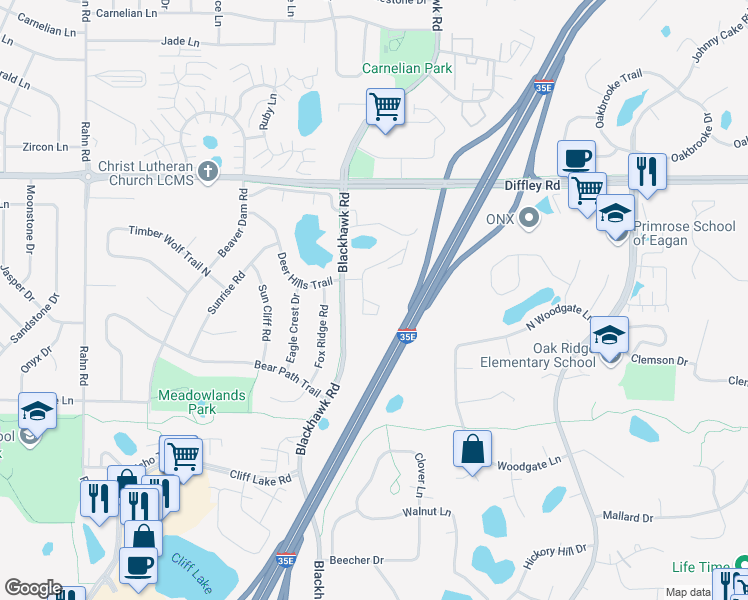 map of restaurants, bars, coffee shops, grocery stores, and more near 1805 Trailway Drive in Eagan