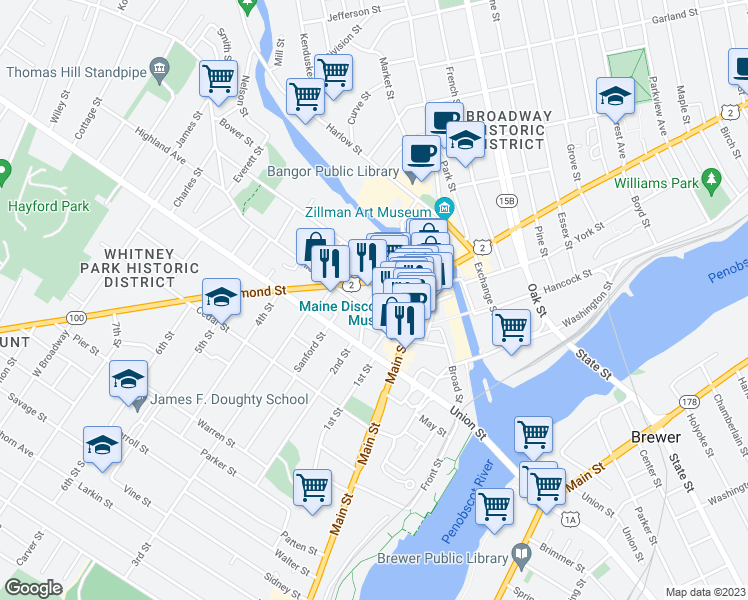map of restaurants, bars, coffee shops, grocery stores, and more near 16 North High Street in Bangor