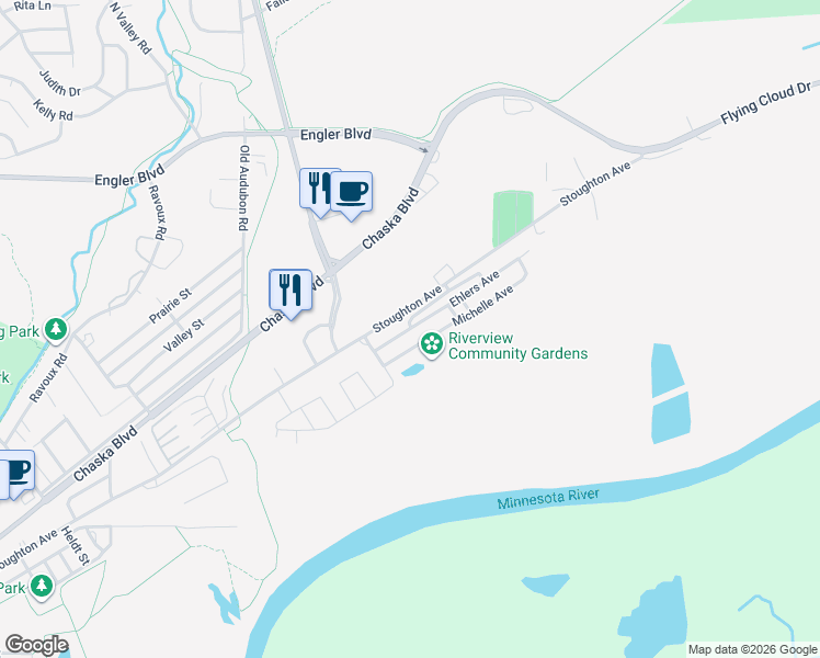 map of restaurants, bars, coffee shops, grocery stores, and more near 19 Ehlers Avenue in Chaska