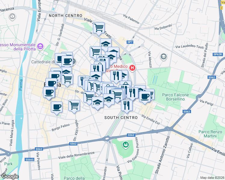 map of restaurants, bars, coffee shops, grocery stores, and more near 13-19 Via Corso Corsi in Parma