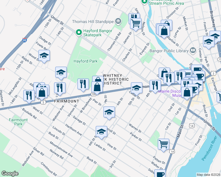 map of restaurants, bars, coffee shops, grocery stores, and more near 416 Hammond Street in Bangor