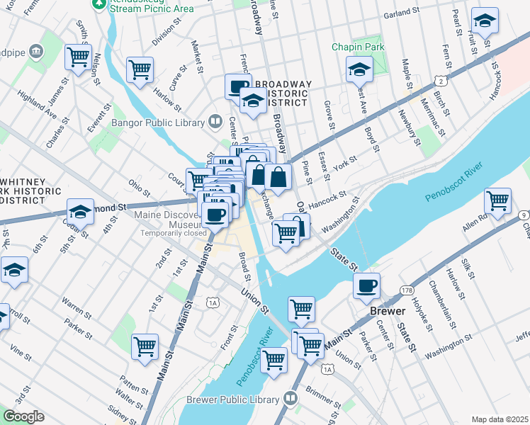 map of restaurants, bars, coffee shops, grocery stores, and more near 80 Exchange Street in Bangor
