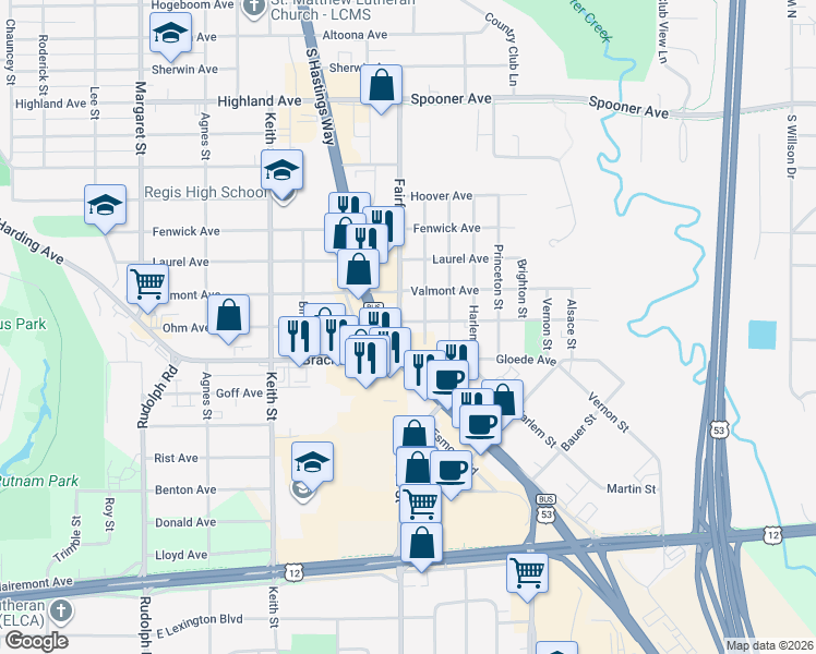 map of restaurants, bars, coffee shops, grocery stores, and more near 1783-1799 S Hastings Way in Eau Claire
