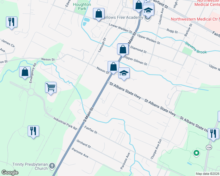 map of restaurants, bars, coffee shops, grocery stores, and more near 203 South Main Street in Saint Albans City