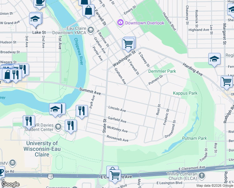 map of restaurants, bars, coffee shops, grocery stores, and more near 317 Summit Avenue in Eau Claire