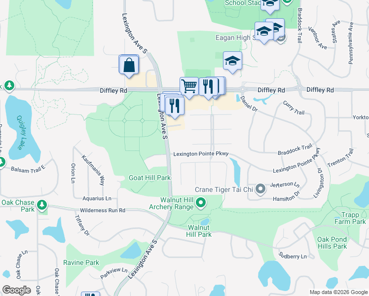 map of restaurants, bars, coffee shops, grocery stores, and more near 1043 Walnut Ridge Drive in Eagan