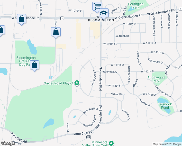 map of restaurants, bars, coffee shops, grocery stores, and more near 11226 Vessey Circle in Minneapolis