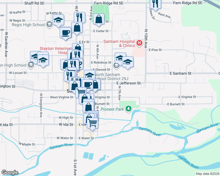 map of restaurants, bars, coffee shops, grocery stores, and more near 776 North 5th Avenue in Stayton