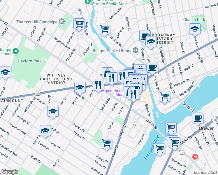 map of restaurants, bars, coffee shops, grocery stores, and more near 204 Union Street in Bangor