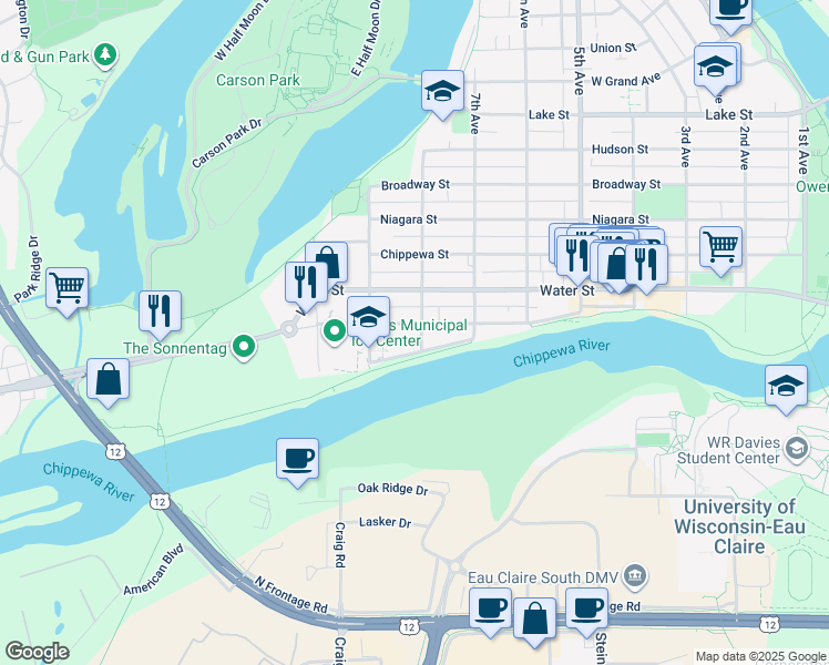 map of restaurants, bars, coffee shops, grocery stores, and more near 812 Market Street in Eau Claire