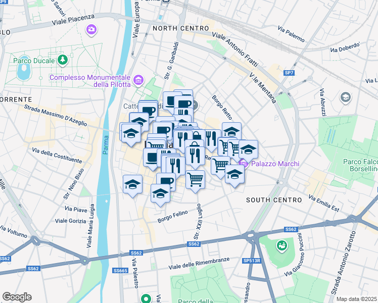 map of restaurants, bars, coffee shops, grocery stores, and more near 20A Strada della Repubblica in Parma