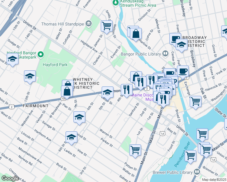 map of restaurants, bars, coffee shops, grocery stores, and more near 16 5th Street in Bangor