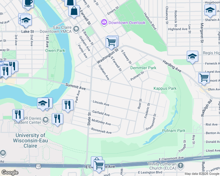 map of restaurants, bars, coffee shops, grocery stores, and more near 339 Summit Avenue in Eau Claire