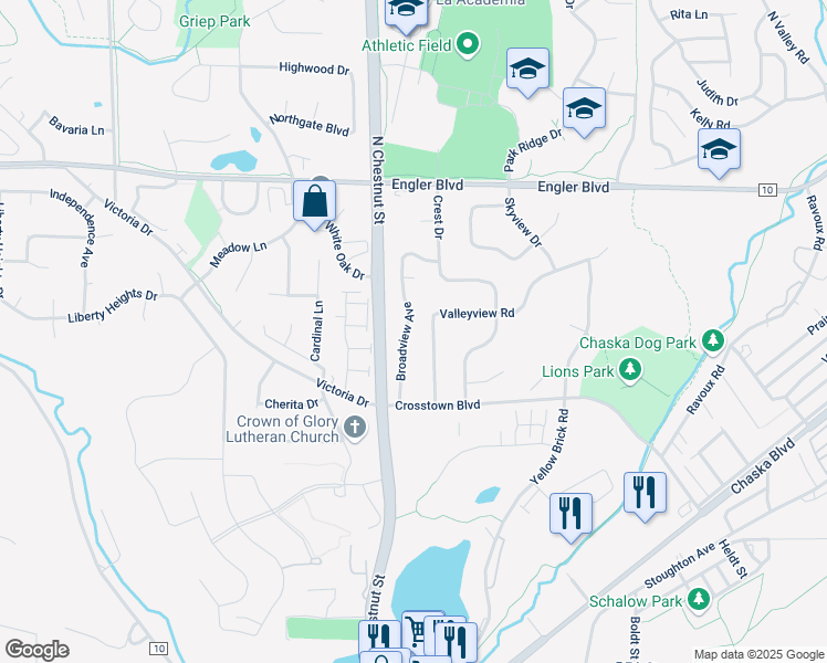 map of restaurants, bars, coffee shops, grocery stores, and more near 1375 Broadview Avenue in Chaska